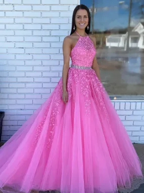 Halter Neck Pink Lace Prom Dresses, Pink Lace Formal Graduation Dresses