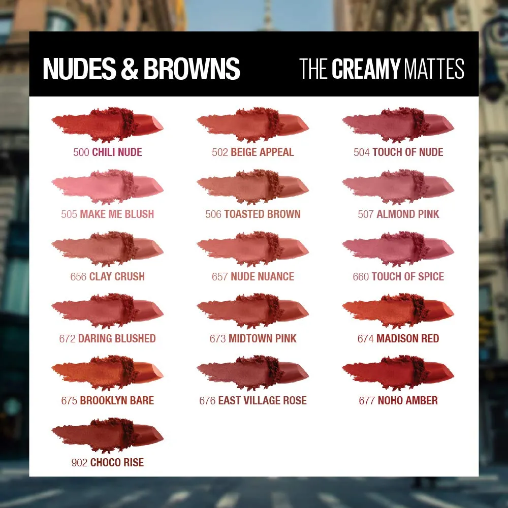 Maybelline Color Sensational Lipstick, Lip Makeup, Matte Finish, Hydrating Lipstick, Nude, Pink, Red, Plum Lip Color, Burgundy Blush, 0.15 oz; (Packaging May Vary)