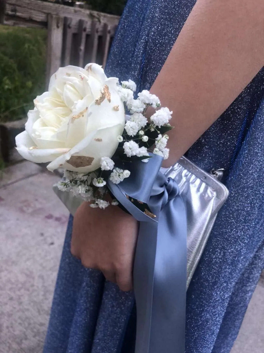 White Roses Corsage & Boutonniere with Long Dusty Blue Ribbon
