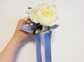 White Roses Corsage & Boutonniere with Long Dusty Blue Ribbon